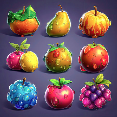 Collection of juicy colorful fruits icons, elements. Collection of different sort of fruits. 2d casual game style. Simple cartoon illustration made with Generative AIの素材
