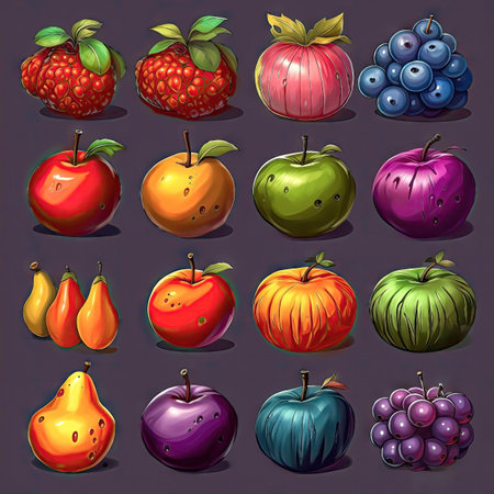 Collection of juicy colorful fruits icons, elements. Collection of different sort of fruits. 2d casual game style. Simple cartoon illustration made with Generative AIの素材
