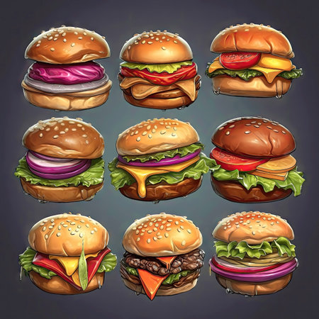 Collection of tasty colorful hamburger icons, elements. Collection of different sort of hamburgers. 2d casual game style. Simple cartoon food illustration made with Generative AIの素材