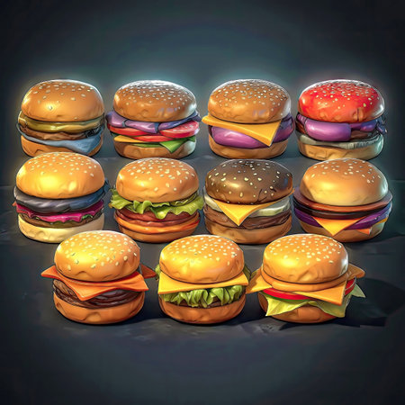 Collection of tasty colorful hamburger icons, elements. Collection of different sort of hamburgers. 2d casual game style. Simple cartoon food illustration made with Generative AIの素材