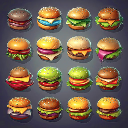 Collection of tasty colorful hamburger icons, elements. Collection of different sort of hamburgers. 2d casual game style. Simple cartoon food illustration made with Generative AIの素材