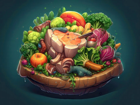 Illustration of juicy tasty beef meat with salad. 2d casual game style. Simple cartoon food illustration made with Generative AIの素材