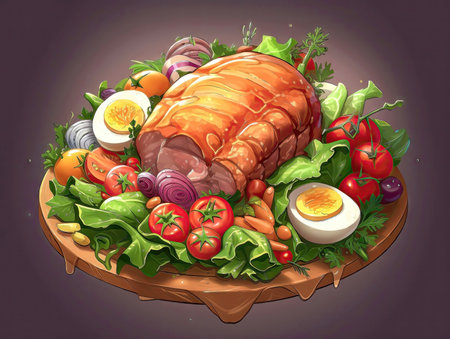 Illustration of juicy tasty beef meat with salad. 2d casual game style. Simple cartoon food illustration made with Generative AIの素材