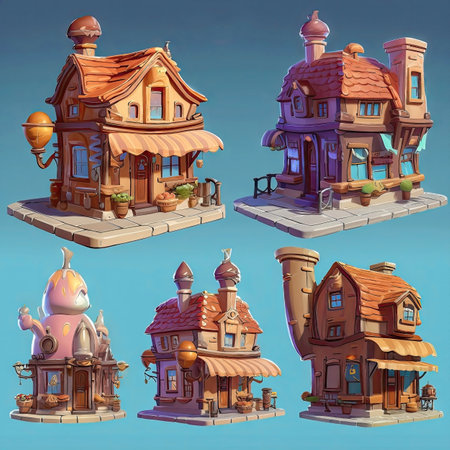Set of bakery house icons. Collection of different shapes of bakery medieval houses, isometric. 2d casual game style. Simple cartoon food illustration made with Generative AIの素材