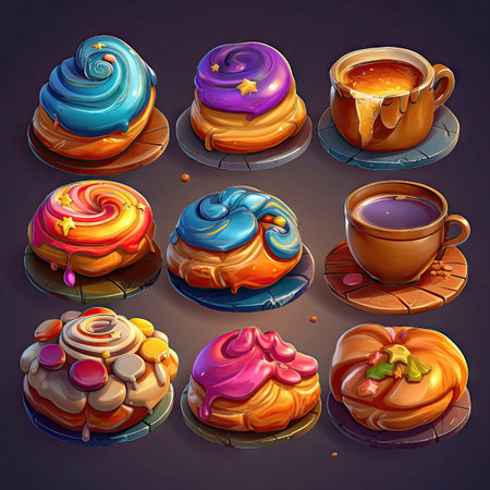 Set of tasty crispy pastry icons, elements. Collection of different sort of pastry. 2d casual game style. Simple cartoon food illustration made with Generative AIの素材