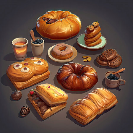 Set of tasty crispy pastry icons, elements. Collection of different sort of pastry. 2d casual game style. Simple cartoon food illustration made with Generative AIの素材