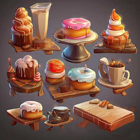 Set of tasty crispy pastry icons, elements. Collection of different sort of pastry. 2d casual game style. Simple cartoon food illustration made with Generative AIの素材