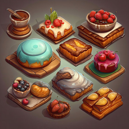 Set of tasty crispy pastry icons, elements. Collection of different sort of pastry. 2d casual game style. Simple cartoon food illustration made with Generative AIの素材