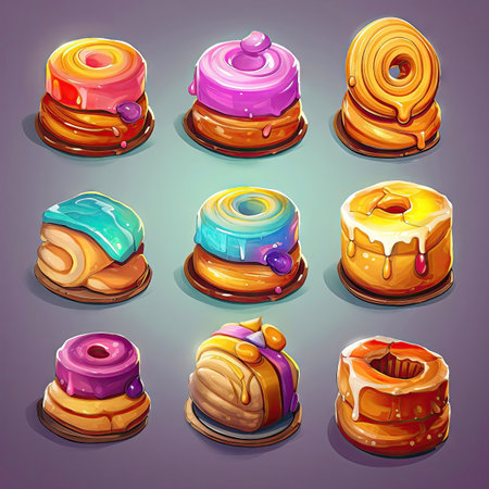 Set of tasty crispy pastry icons, elements. Collection of different sort of pastry. 2d casual game style. Simple cartoon food illustration made with Generative AIの素材