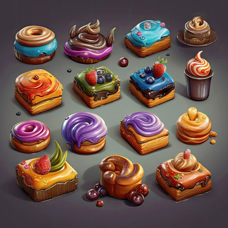 Set of tasty crispy pastry icons, elements. Collection of different sort of pastry. 2d casual game style. Simple cartoon food illustration made with Generative AIの素材