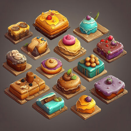 Set of tasty crispy pastry icons, elements. Collection of different sort of pastry. 2d casual game style. Simple cartoon food illustration made with Generative AIの素材
