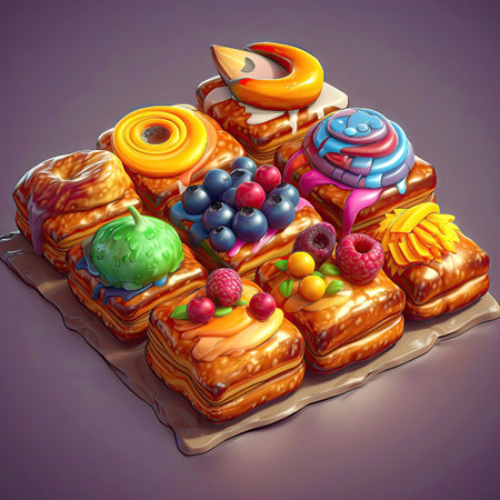 Illustration of tasty crispy pastry. 2d casual game style. Simple cartoon food illustration made with Generative AIの素材