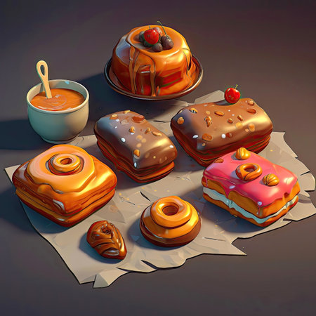 Illustration of tasty crispy pastry. 2d casual game style. Simple cartoon food illustration made with Generative AIの素材