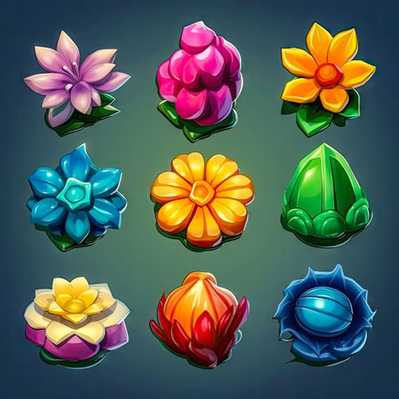 Set of fantasy colorful flowers, isolated. 2d casual game asset, juicy colors. Differents shapes and colors. Mobile game assets made with Generative AIの素材