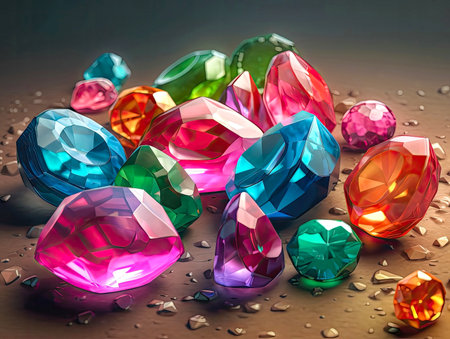 Fantasy colorful crystal composition, gems illustration. 2d casual game style, juicy colors.Magical wallpaper made with Generative AIの素材