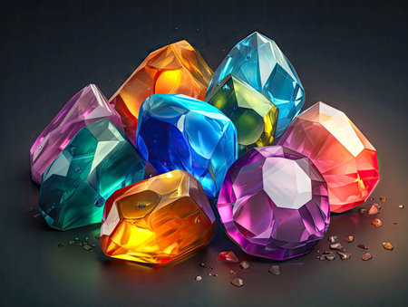 Fantasy colorful crystal composition, gems illustration. 2d casual game style, juicy colors.Magical wallpaper made with Generative AIの素材