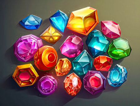 Fantasy colorful crystal composition, gems illustration. 2d casual game style, juicy colors.Magical wallpaper made with Generative AIの素材