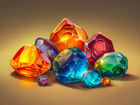 Fantasy colorful crystal composition, gems illustration. 2d casual game style, juicy colors.Magical wallpaper made with Generative AIの素材