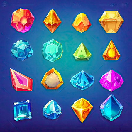 Set of fantasy colorful crystals, gems icons, isolated. 2d casual game asset, juicy colors. Different shapes and colors. Mobile game assets made with Generative AIの素材