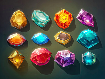 Set of fantasy colorful crystals, gems icons, isolated. 2d casual game asset, juicy colors. Different shapes and colors. Mobile game assets made with Generative AIの素材
