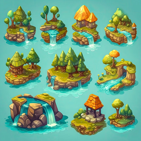 Set of fantasy isometric islands icons, isolated. 2d casual game asset, juicy colors. Mobile game assets made with Generative AIの素材
