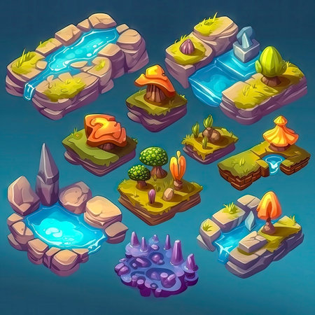 Set of fantasy isometric islands with lakes icons, isolated. 2d casual game asset, juicy colors. Mobile game assets made with Generative AIの素材