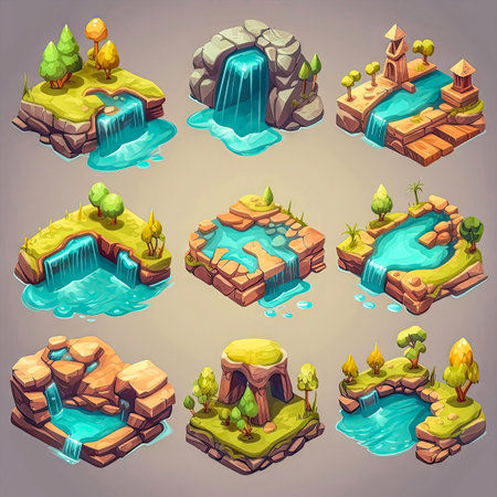 Set of fantasy isometric islands with lakes icons, isolated. 2d casual game asset, juicy colors. Mobile game assets made with Generative AIの素材