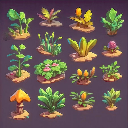 Set of fantasy colorful plants and flowers, isolated. 2d casual game asset, juicy colors. Differents shapes and colors. Mobile game assets made with Generative AIの素材