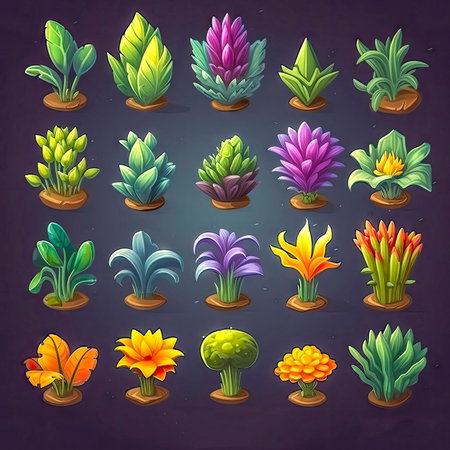 Set of fantasy colorful plants and flowers, isolated. 2d casual game asset, juicy colors. Differents shapes and colors. Mobile game assets made with Generative AIの素材