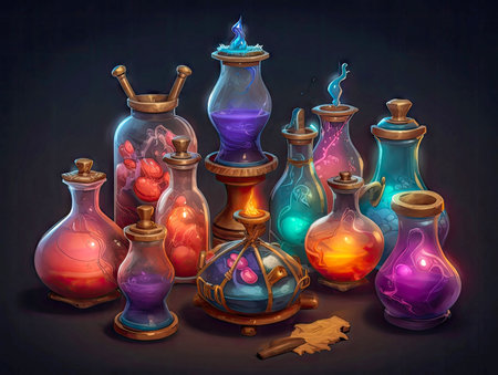 Fantasy colorful potion composition, wizard magical shop illustration. 2d casual game style, juicy colors.Magical wallpaper made with Generative AIの素材