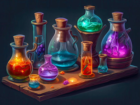 Fantasy colorful potion composition, wizard magical shop illustration. 2d casual game style, juicy colors.Magical wallpaper made with Generative AIの素材