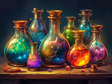 Fantasy colorful potion composition, wizard magical shop illustration. 2d casual game style, juicy colors.Magical wallpaper made with Generative AIの素材
