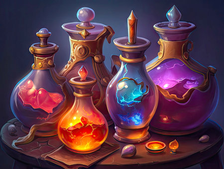 Fantasy colorful potion composition, wizard magical shop illustration. 2d casual game style, juicy colors.Magical wallpaper made with Generative AIの素材
