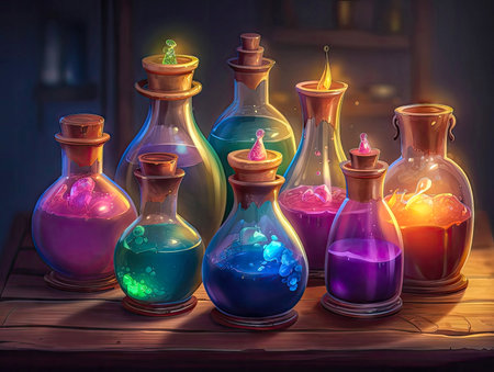 Fantasy colorful potion composition, wizard magical shop illustration. 2d casual game style, juicy colors.Magical wallpaper made with Generative AIの素材