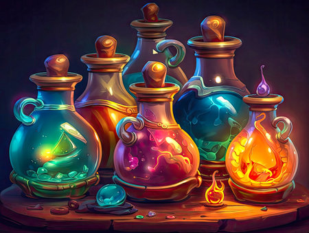 Fantasy colorful potion composition, wizard magical shop illustration. 2d casual game style, juicy colors.Magical wallpaper made with Generative AIの素材