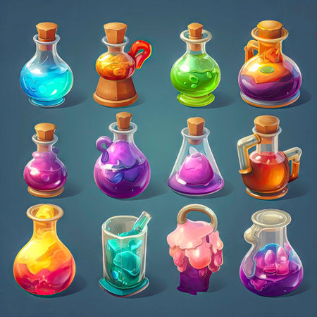 Set of fantasy colorful potion bottles, gems icons, isolated. 2d casual game asset, juicy colors. Different shapes and colors. Mobile game assets made with Generative AIの素材