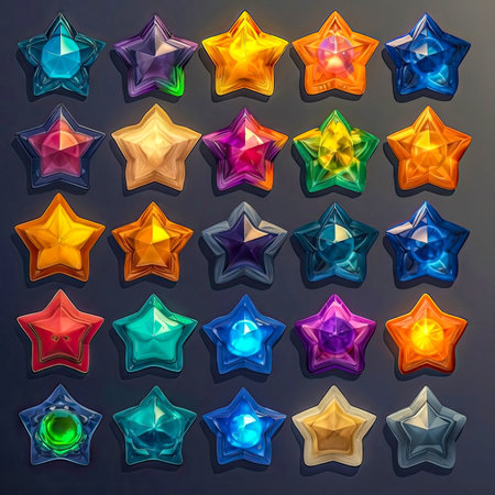 Set of fantasy colorful stars icons, isolated. 2d casual game asset, juicy colors. Differents shapes and colors. Mobile game assets made with Generative AIの素材