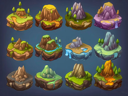 ntasy isometric islands icons, isolated. 2d casual game asset, juicy colors. Mobile game assets made with Generative AIの素材
