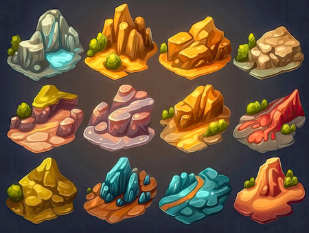ntasy isometric islands icons, isolated. 2d casual game asset, juicy colors. Mobile game assets made with Generative AIの素材