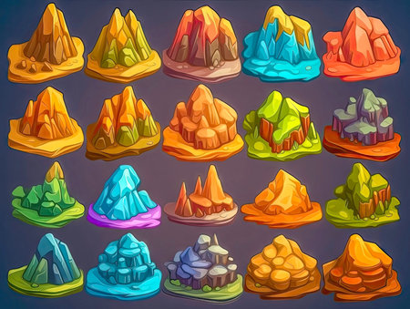 ntasy isometric islands icons, isolated. 2d casual game asset, juicy colors. Mobile game assets made with Generative AIの素材