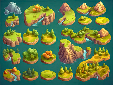 ntasy isometric islands icons, isolated. 2d casual game asset, juicy colors. Mobile game assets made with Generative AIの素材