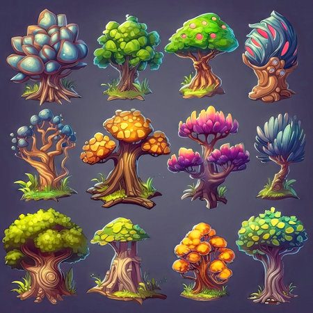 Set of fantasy colorful trees, isometric isolated. 2d casual game asset, juicy colors. Differents shapes and colors. Mobile game assets made with Generative AIの素材