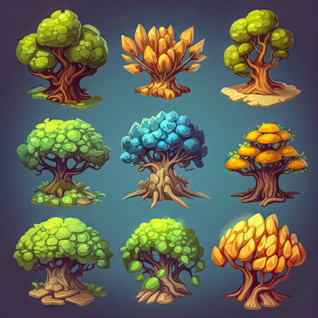 Set of fantasy colorful trees, isometric isolated. 2d casual game asset, juicy colors. Differents shapes and colors. Mobile game assets made with Generative AIの素材