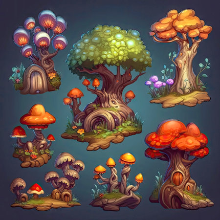 Set of fantasy colorful trees, isometric isolated. 2d casual game asset, juicy colors. Differents shapes and colors. Mobile game assets made with Generative AIの素材