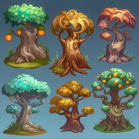 Set of fantasy colorful trees, isometric isolated. 2d casual game asset, juicy colors. Differents shapes and colors. Mobile game assets made with Generative AIの素材