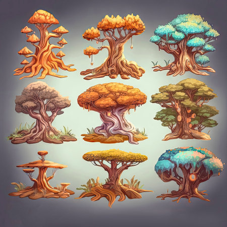 Set of fantasy colorful trees, isometric isolated. 2d casual game asset, juicy colors. Differents shapes and colors. Mobile game assets made with Generative AIの素材