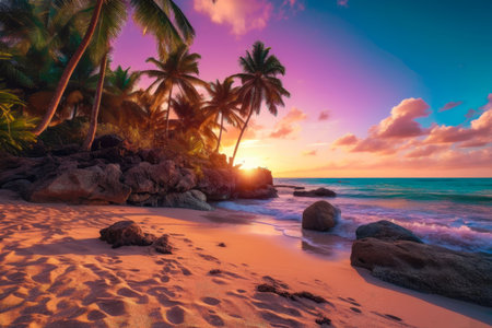 Beautiful colorful sunset on a palm beach. Sand and ocean. Magical pink sunset. Romantic. Made with Generative Aiの素材
