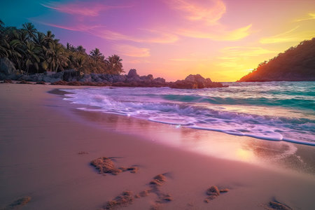 Beautiful colorful sunset on a palm beach. Sand and ocean. Magical pink sunset. Romantic. Made with Generative Aiの素材