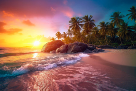 Beautiful colorful sunset on a palm beach. Sand and ocean. Magical pink sunset. Romantic. Made with Generative Aiの素材