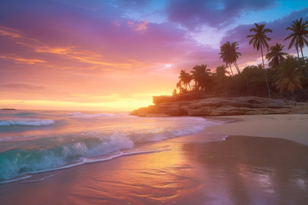 Beautiful colorful sunset on a palm beach. Sand and ocean. Magical pink sunset. Romantic. Made with Generative Aiの素材